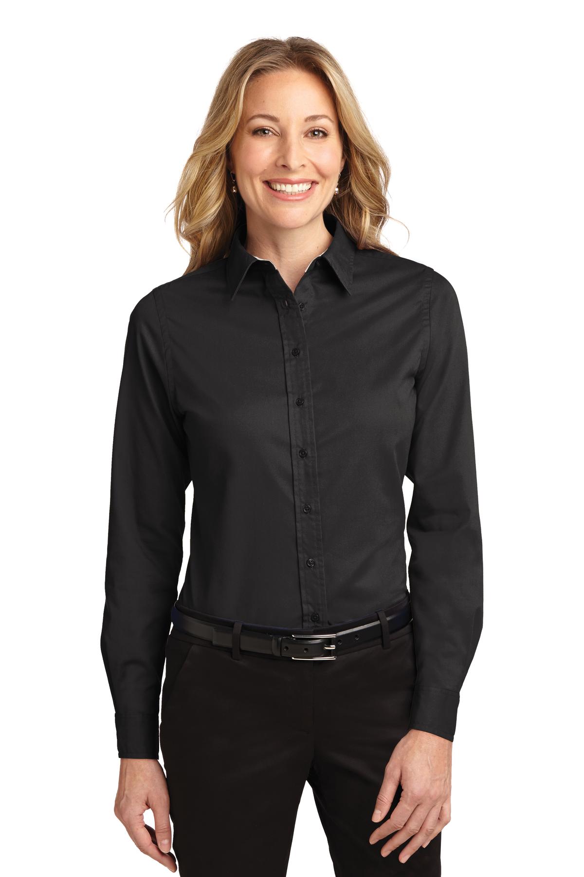 Front View of Black/Lt Stone Port Authority Women's Long Sleeve Easy Care Shirt. L608