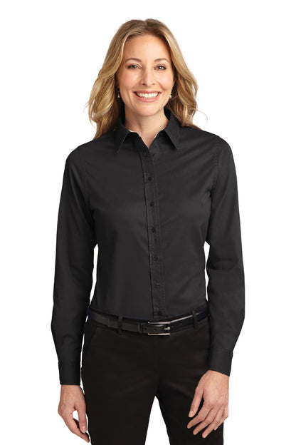 Front View of Black/Lt Stone Port Authority Women's Long Sleeve Easy Care Shirt. L608