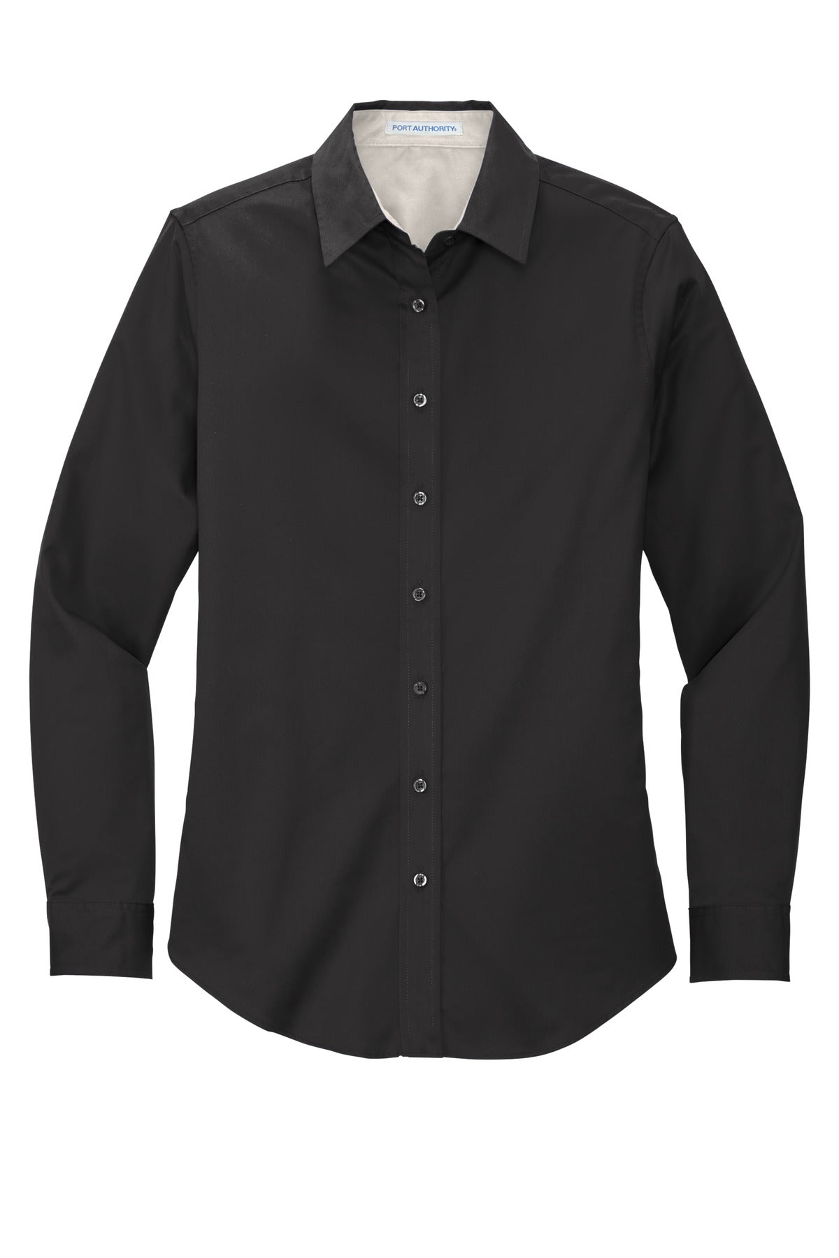 Front View of Black/Lt Stone Port Authority Women's Long Sleeve Easy Care Shirt. L608