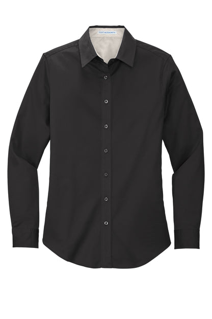 Front View of Black/Lt Stone Port Authority Women's Long Sleeve Easy Care Shirt. L608