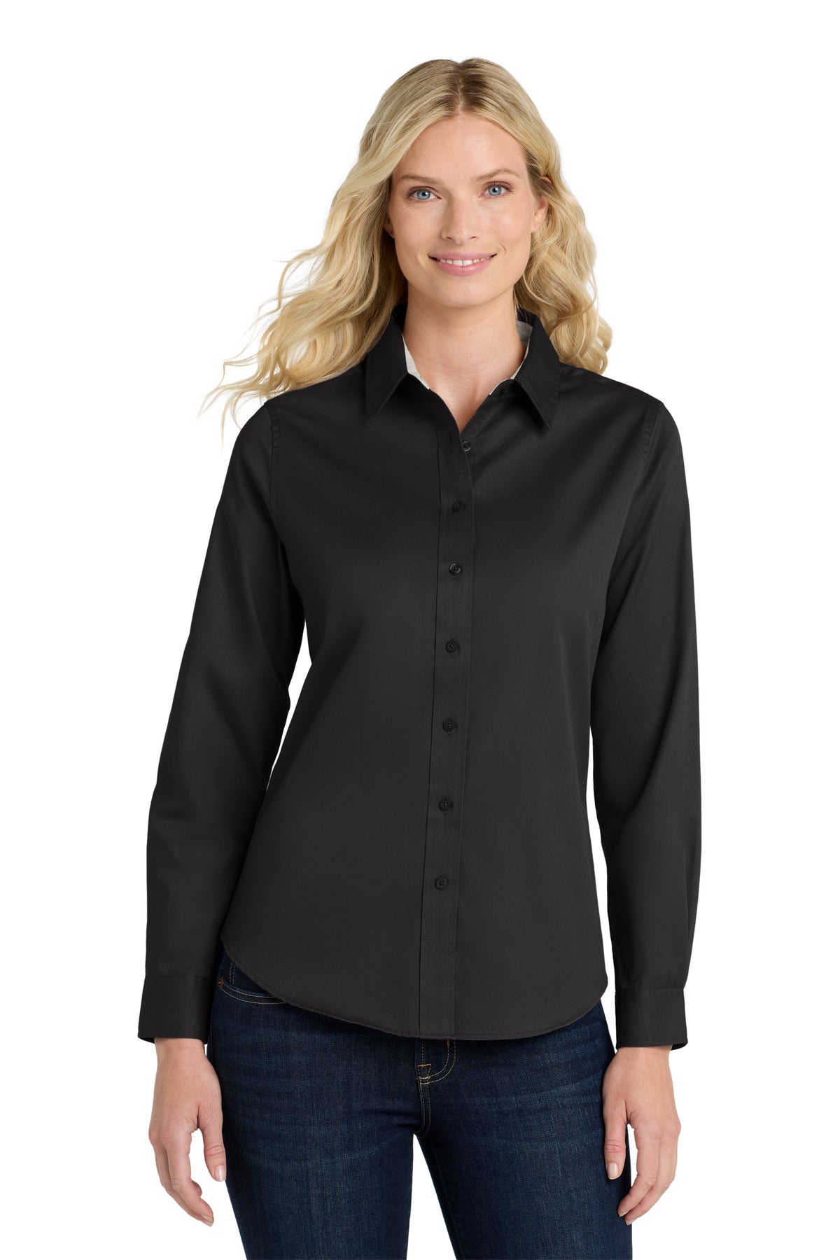 Front View of Black/Lt Stone Port Authority Women's Long Sleeve Easy Care Shirt. L608