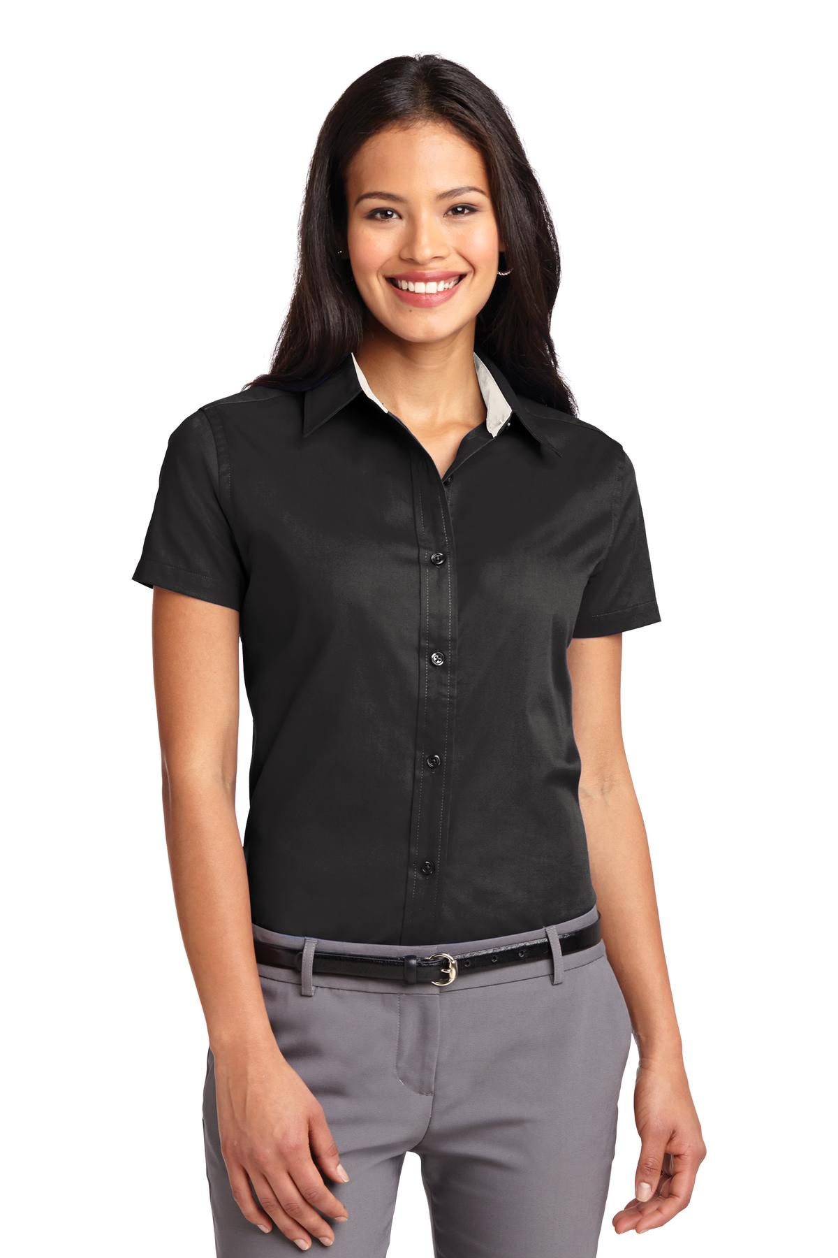 Front View of Black/Lt Stone Port Authority Women's Short Sleeve Easy Care Shirt. L508
