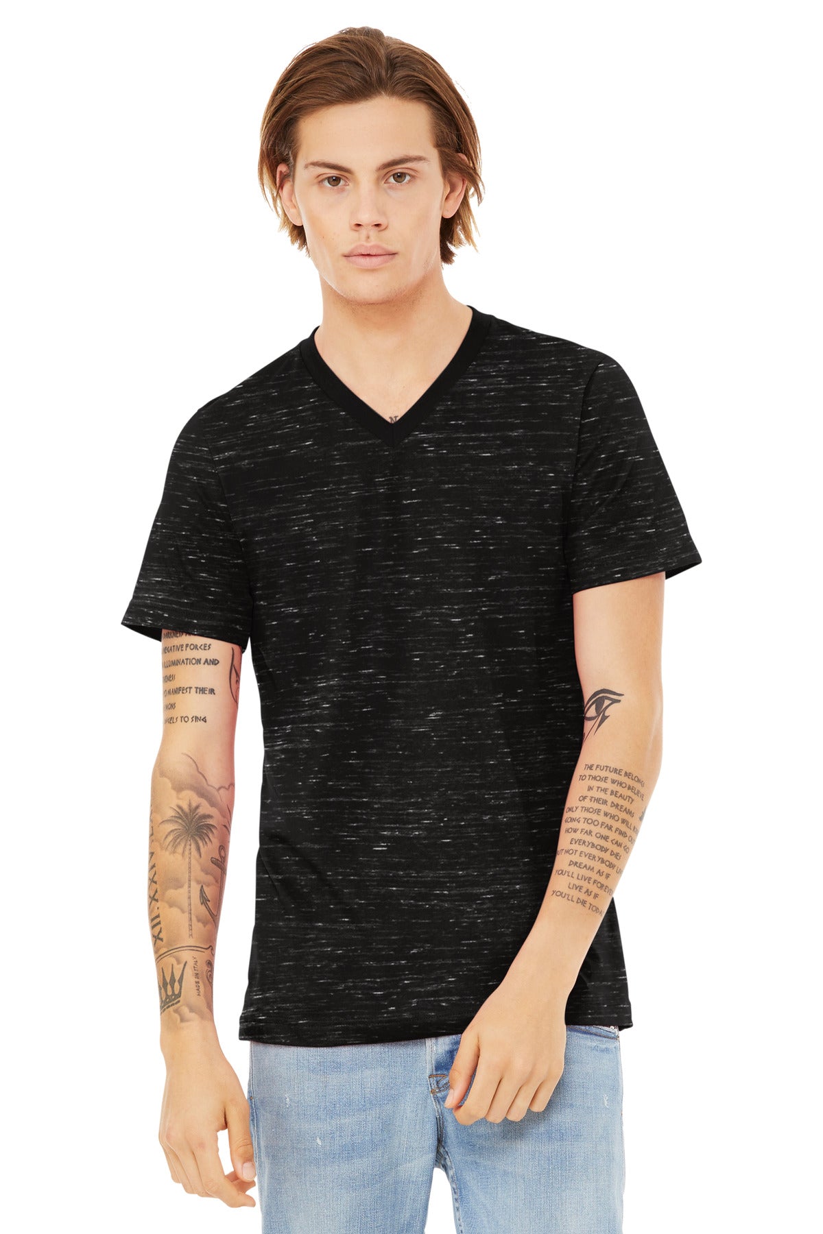 Front View of BlackMrbl BELLA+CANVAS Unisex Textured Jersey V-Neck Tee BC3655