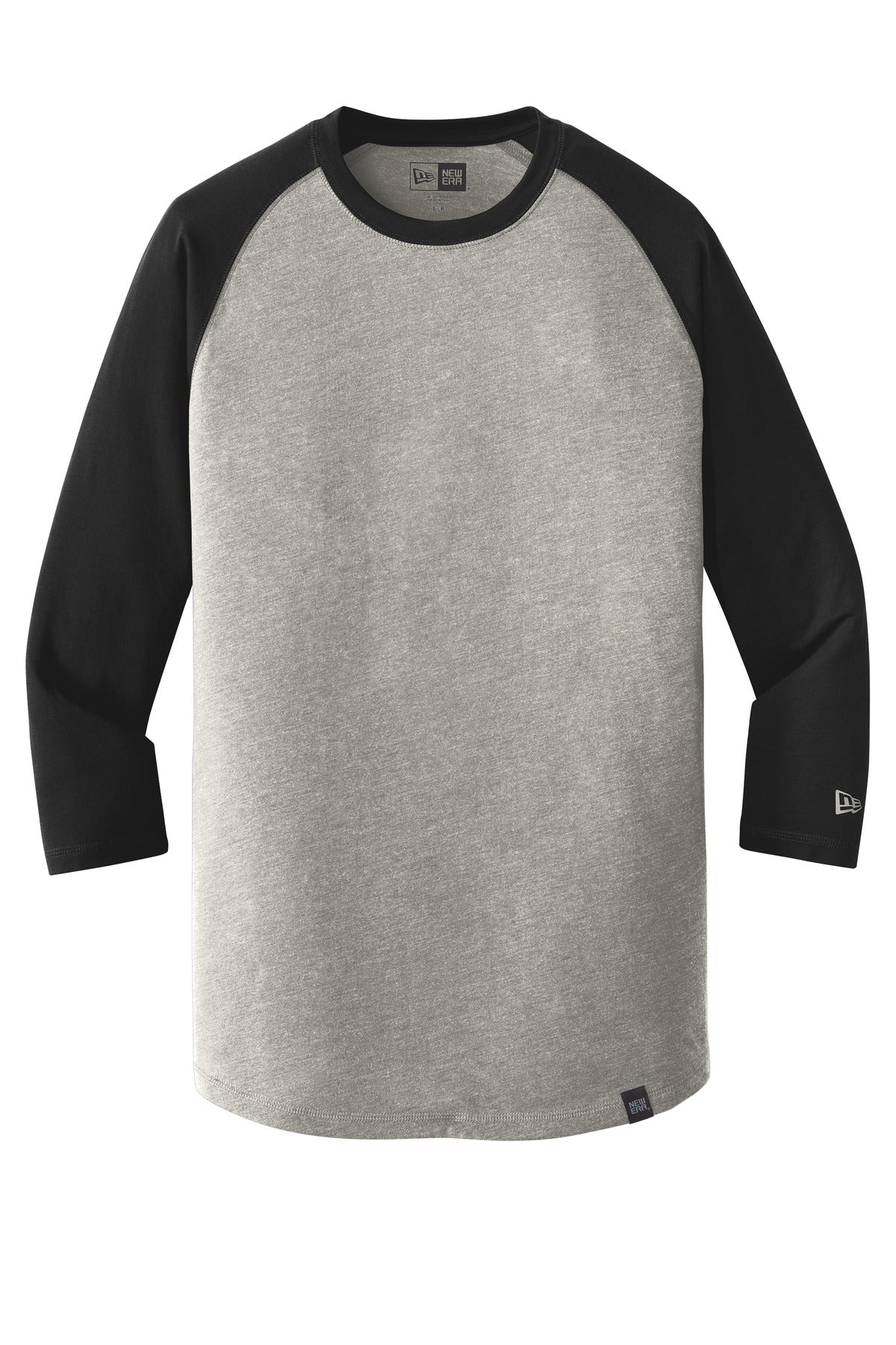 Front View of Black/Rain GyH New Era Heritage Blend 3/4-Sleeve Baseball Raglan Tee. NEA104