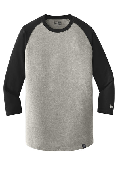 Front View of Black/Rain GyH New Era Heritage Blend 3/4-Sleeve Baseball Raglan Tee. NEA104