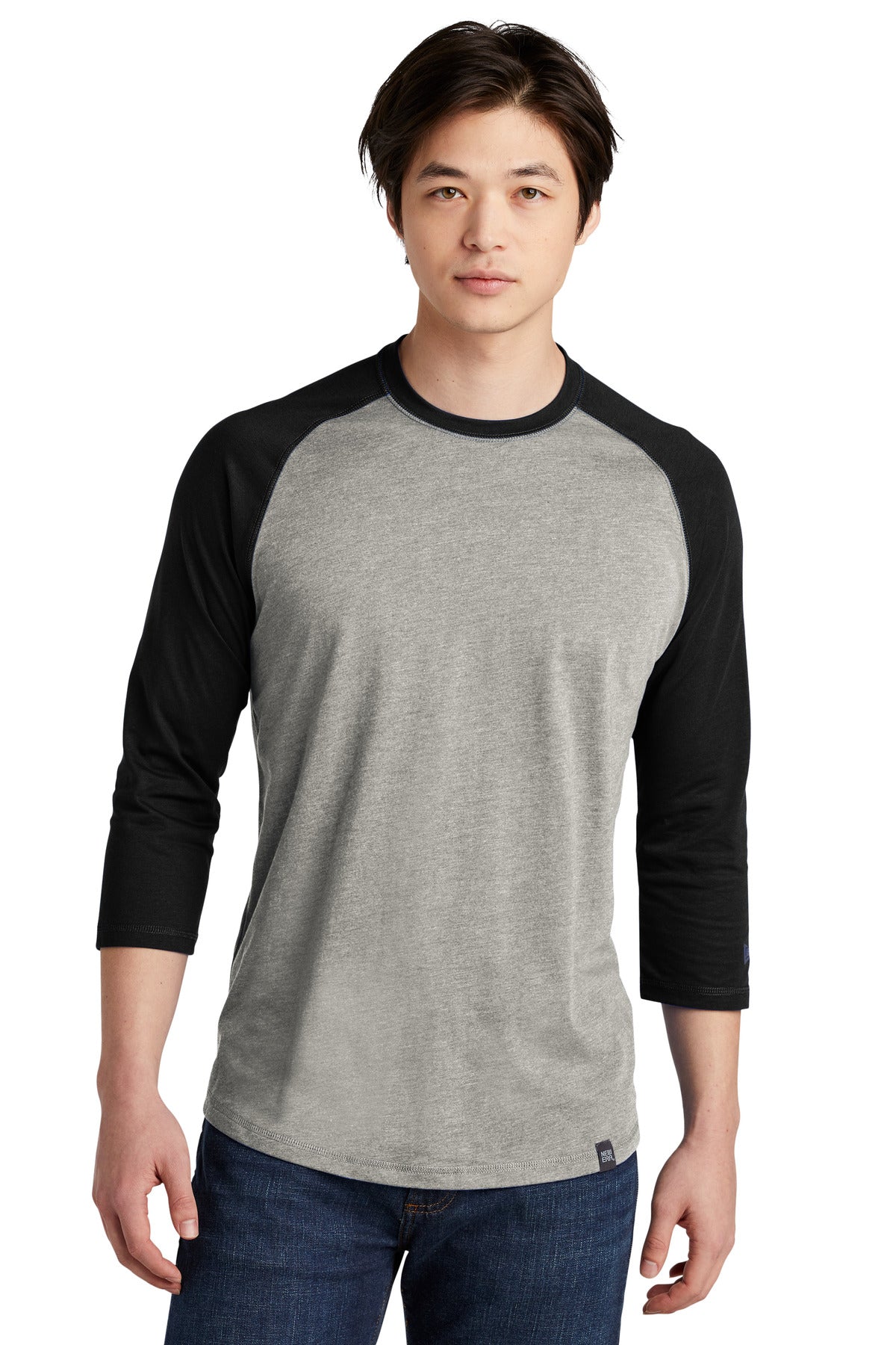 Front View of Black/Rain GyH New Era Heritage Blend 3/4-Sleeve Baseball Raglan Tee. NEA104