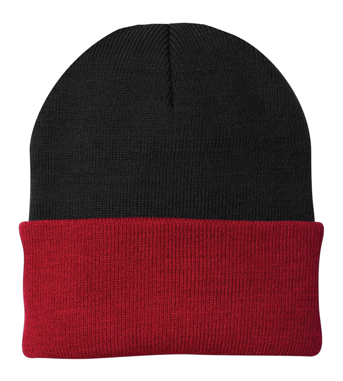 Front View of Black/Red Port & Company Knit Cap. CP90