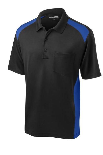 Front View of Black/Royal CornerStone Select Snag-Proof Two Way Colorblock Pocket Polo. CS416