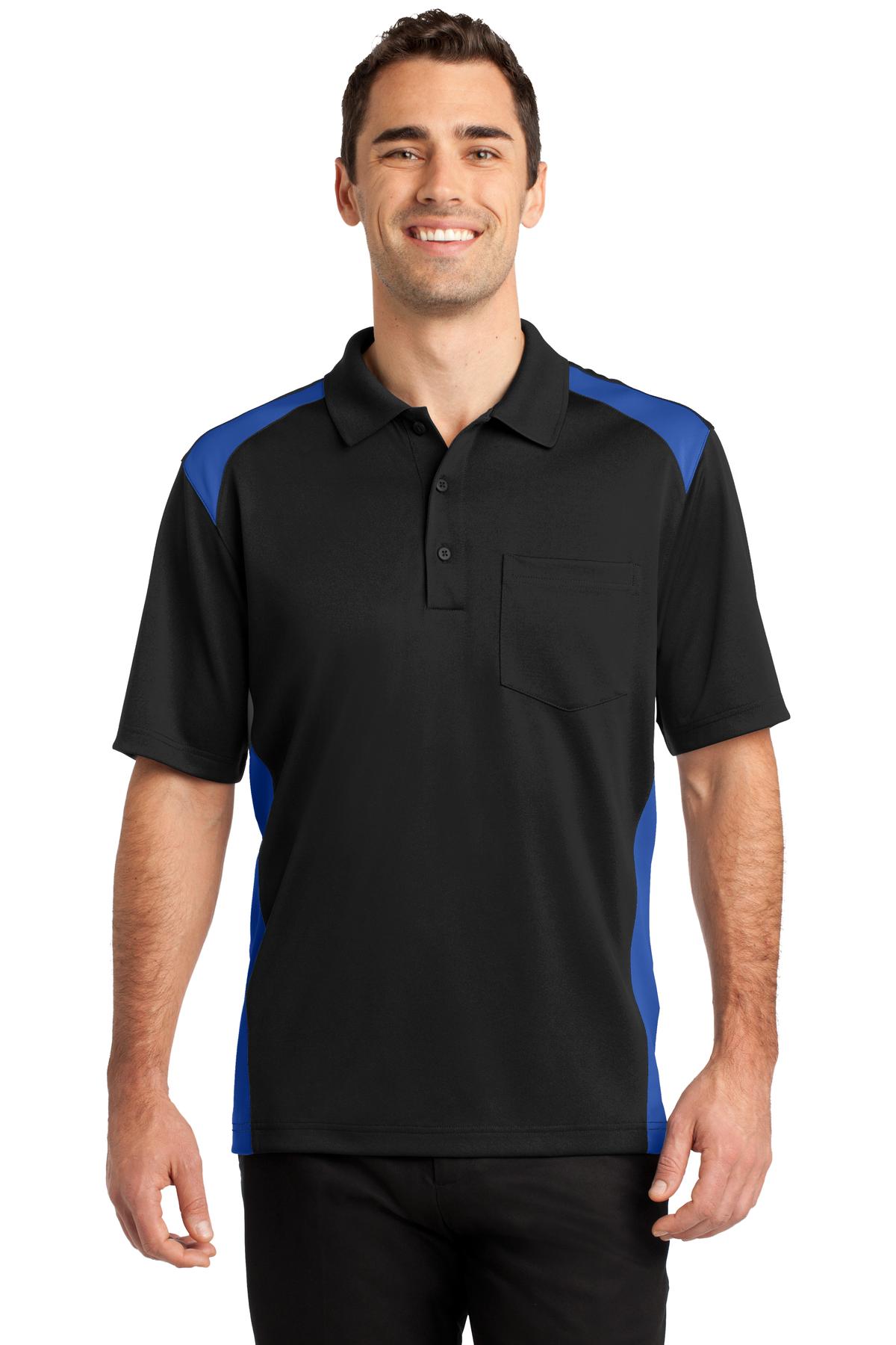 Front View of Black/Royal CornerStone Select Snag-Proof Two Way Colorblock Pocket Polo. CS416