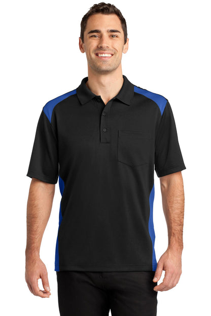 Front View of Black/Royal CornerStone Select Snag-Proof Two Way Colorblock Pocket Polo. CS416