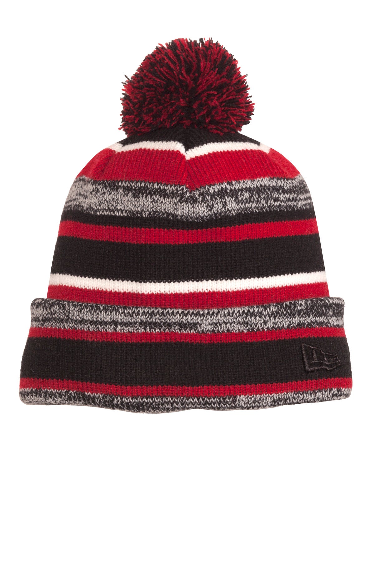 Front View of Black/Scarlet New Era Sideline Beanie. NE902