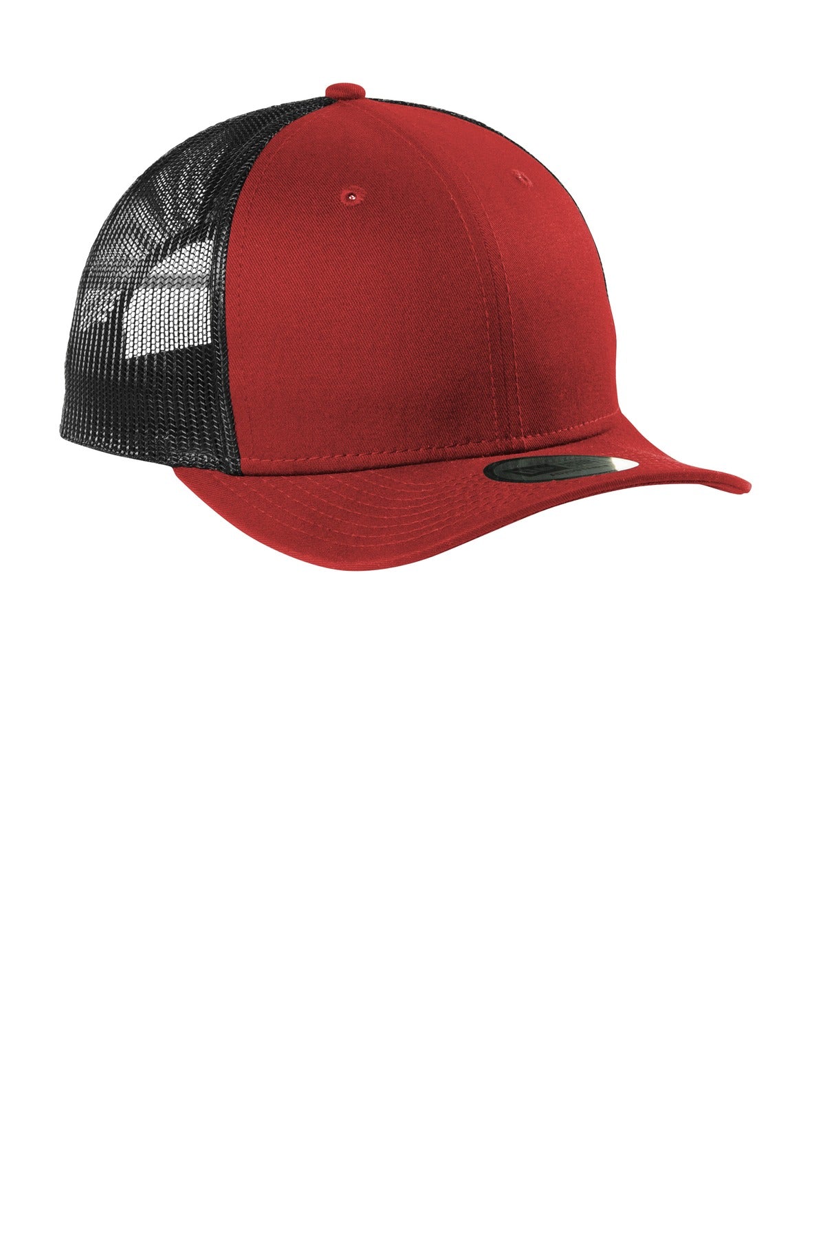 Front View of Black/Scarlet New Era Snapback Low Profile Trucker Cap NE207