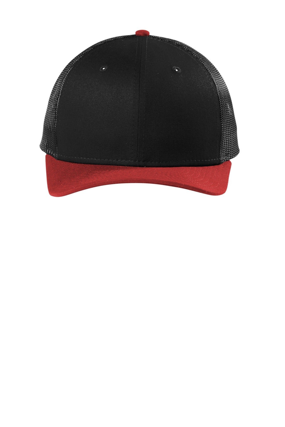 Front View of Black/Scarlet New Era Snapback Low Profile Trucker Cap NE207
