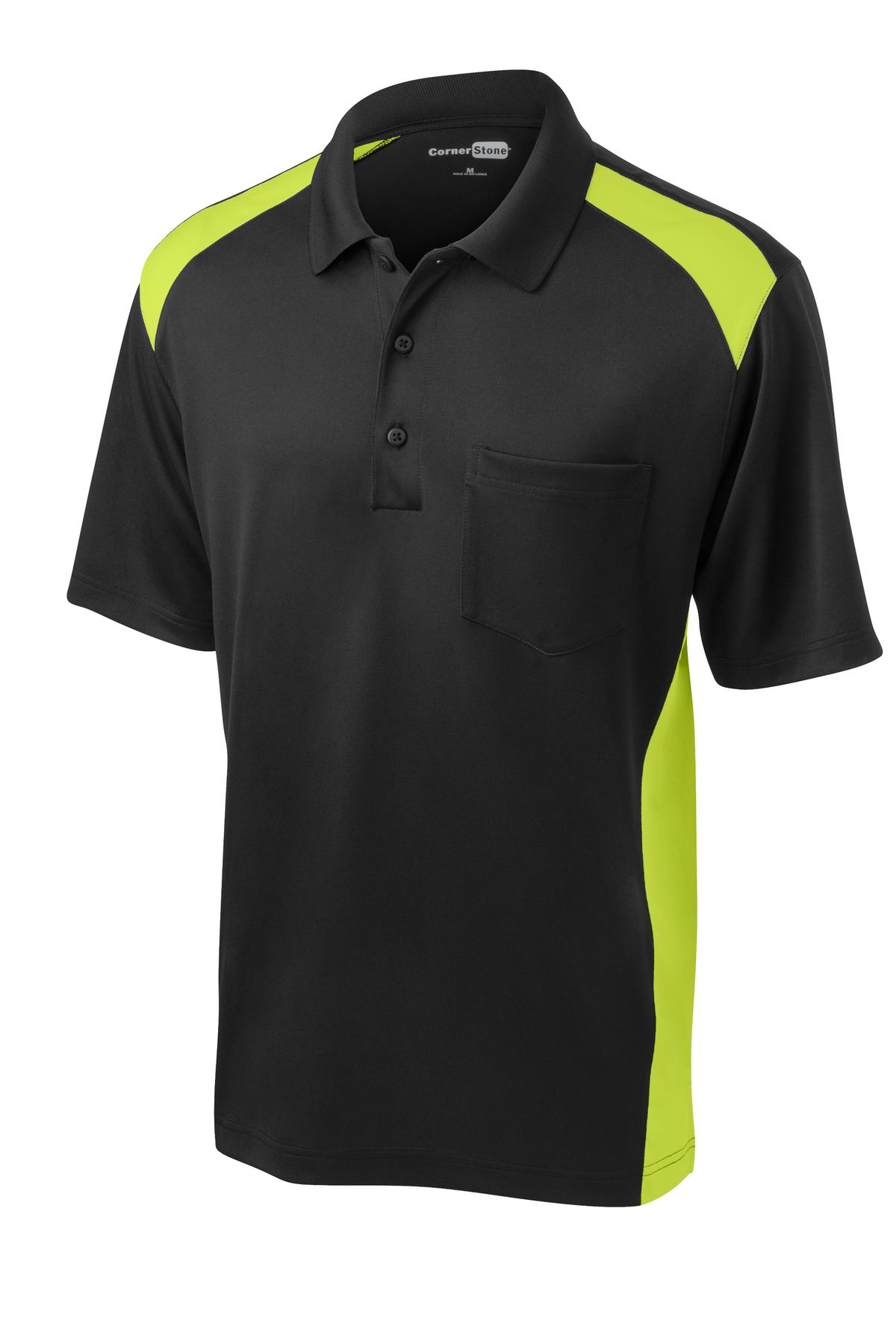 Front View of Black/Shck Grn CornerStone Select Snag-Proof Two Way Colorblock Pocket Polo. CS416