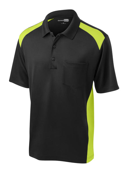 Front View of Black/Shck Grn CornerStone Select Snag-Proof Two Way Colorblock Pocket Polo. CS416
