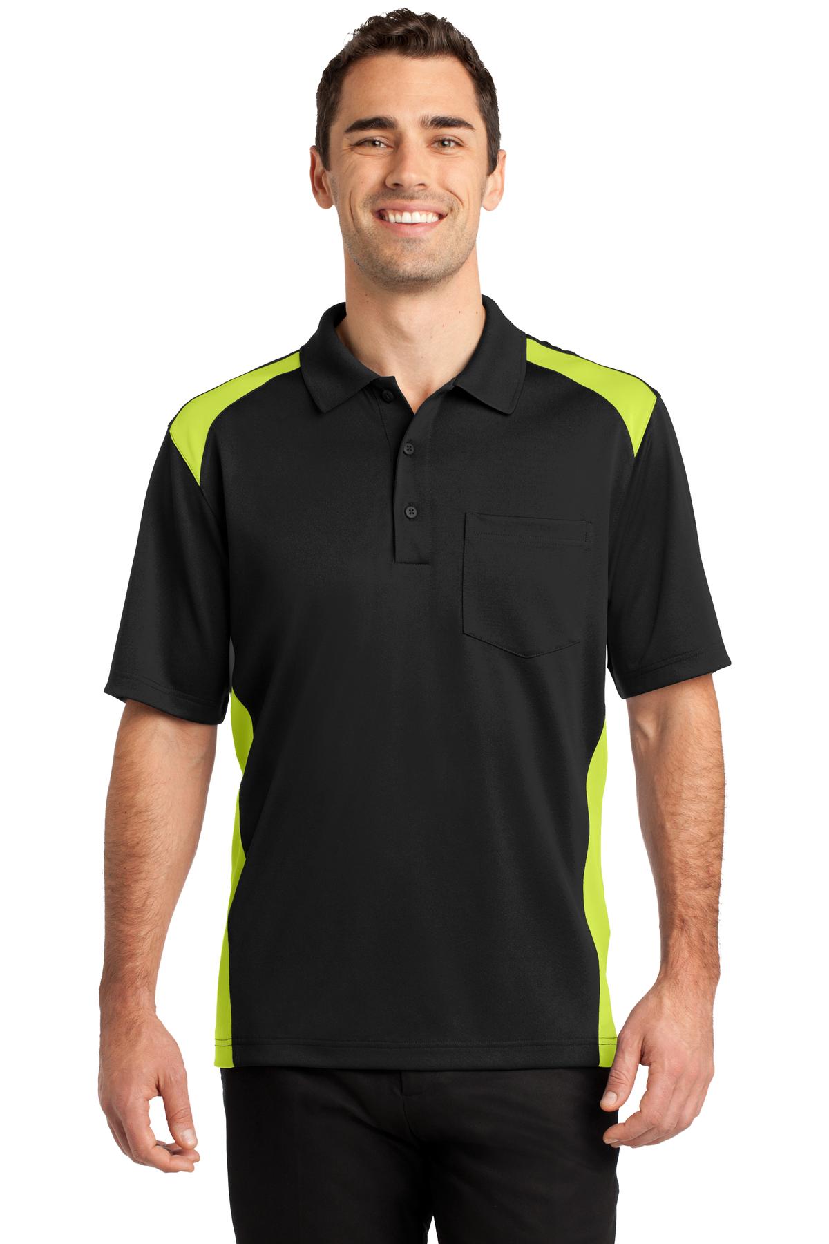 Front View of Black/Shck Grn CornerStone Select Snag-Proof Two Way Colorblock Pocket Polo. CS416