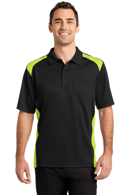 Front View of Black/Shck Grn CornerStone Select Snag-Proof Two Way Colorblock Pocket Polo. CS416