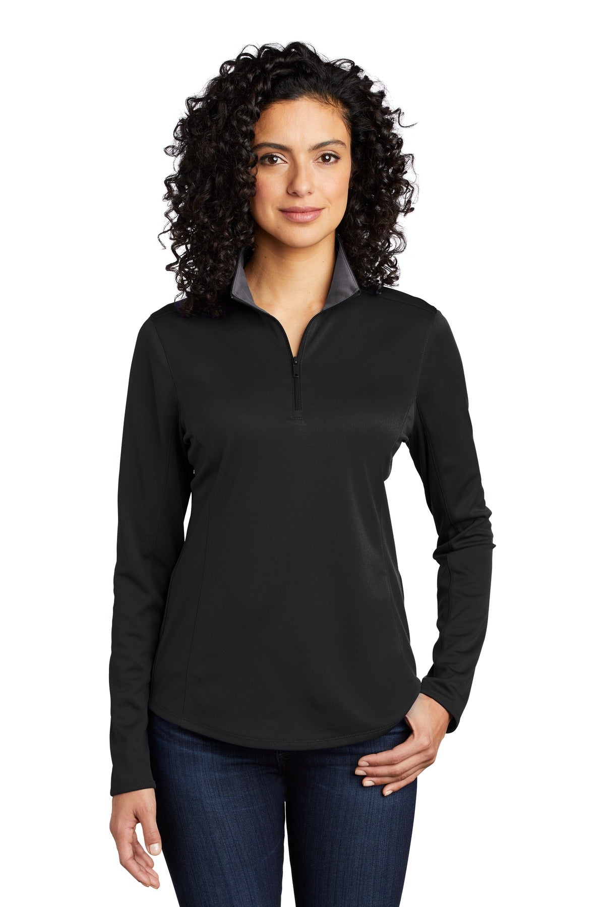 Front View of Black/Steel Gy Port Authority Women's Silk Touch Performance 1/4-Zip LK584