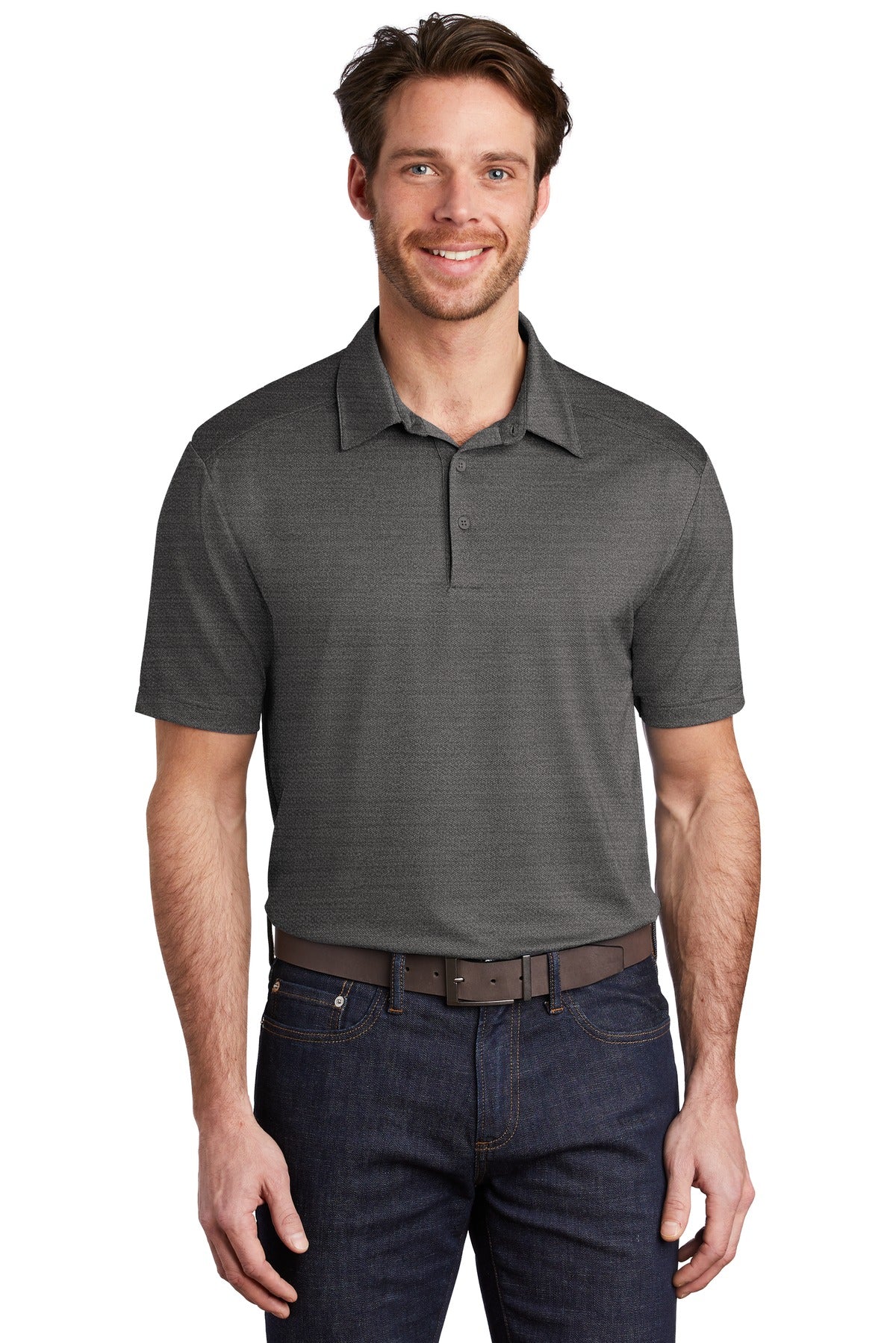 Front View of Black/Thndr Gy Port Authority Stretch Heather Polo K583