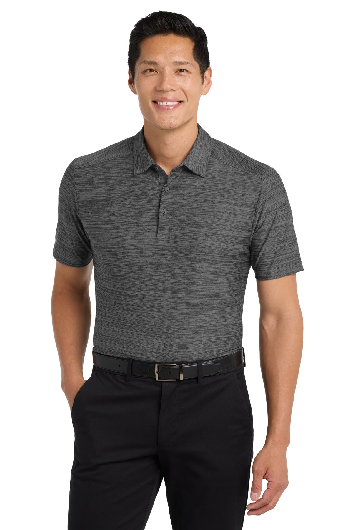 Front View of Black/Thndr Gy Port Authority Stretch Heather Polo K583