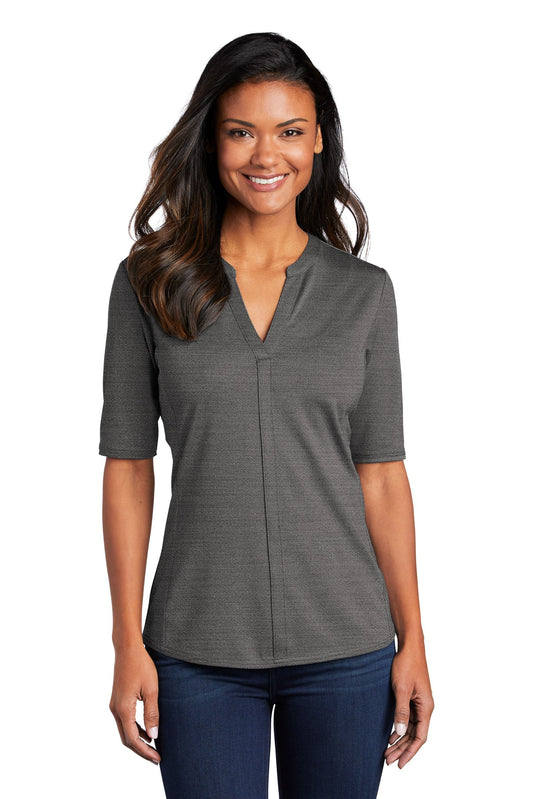 Front View of Black/Thndr Gy Port Authority Women's Stretch Heather Open Neck Top LK583