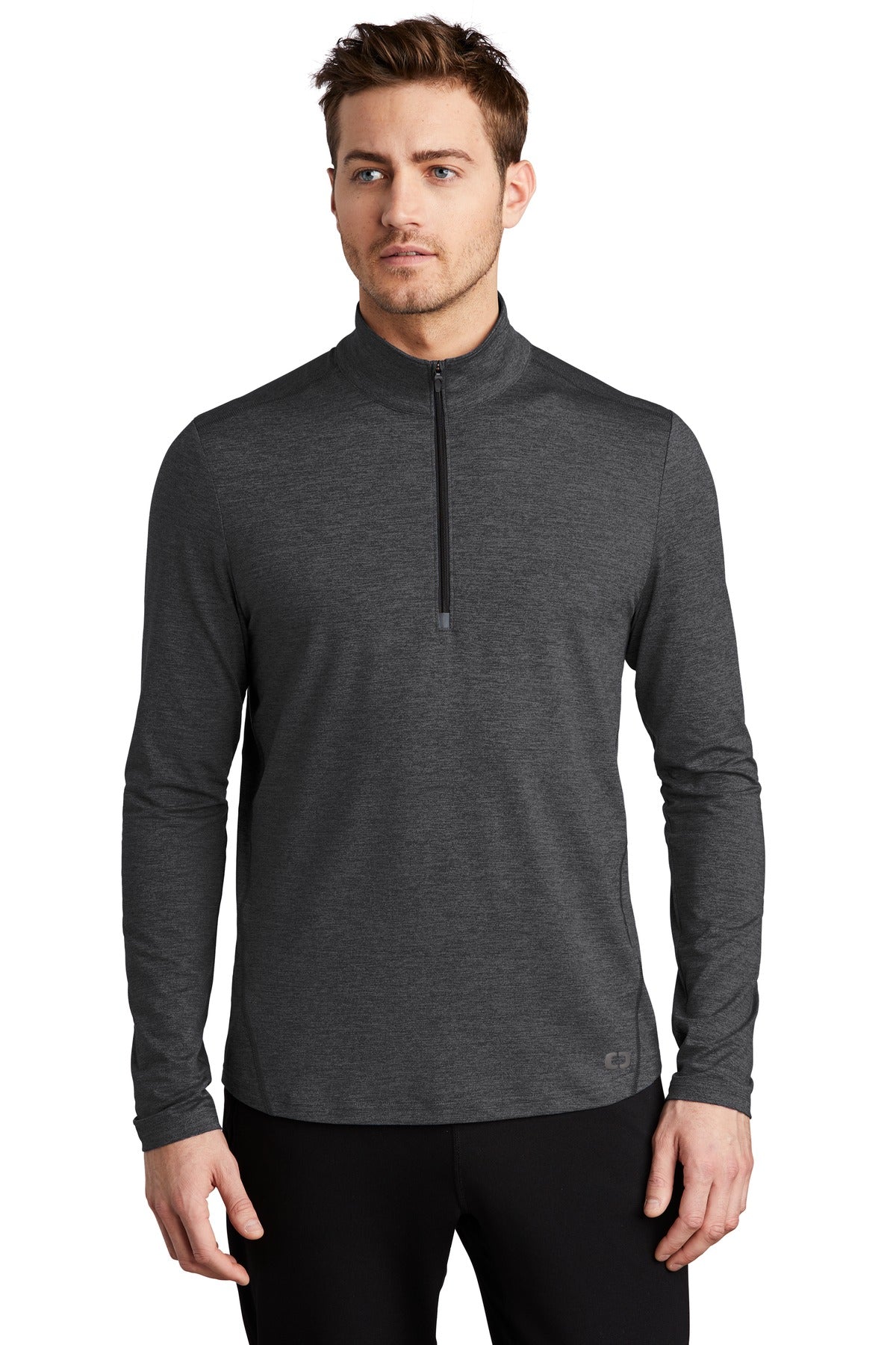 Front View of Blacktop Hthr OGIO Force 1/4-Zip OE341