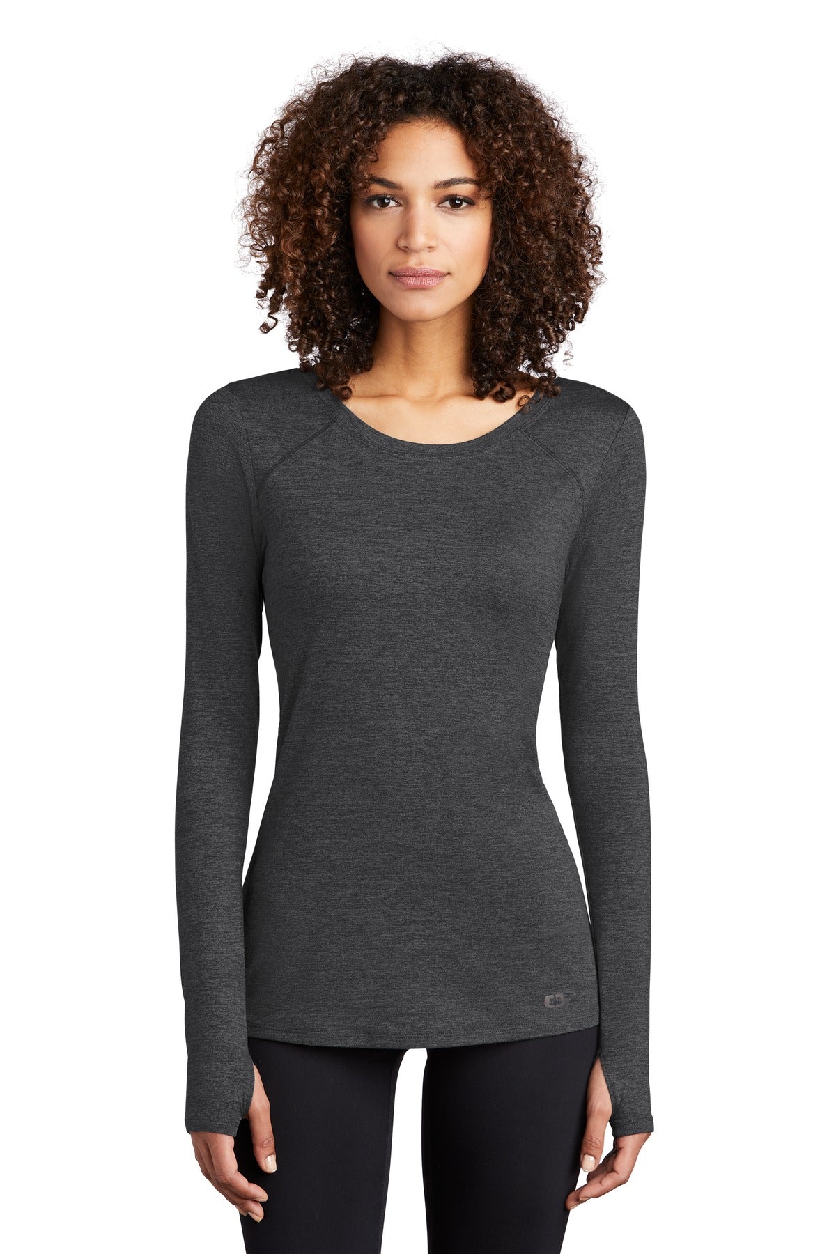 Front View of Blacktop Hthr OGIO Women's Force Long Sleeve Tee LOE340