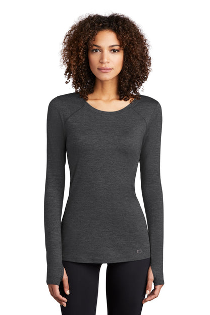 Front View of Blacktop Hthr OGIO Women's Force Long Sleeve Tee LOE340