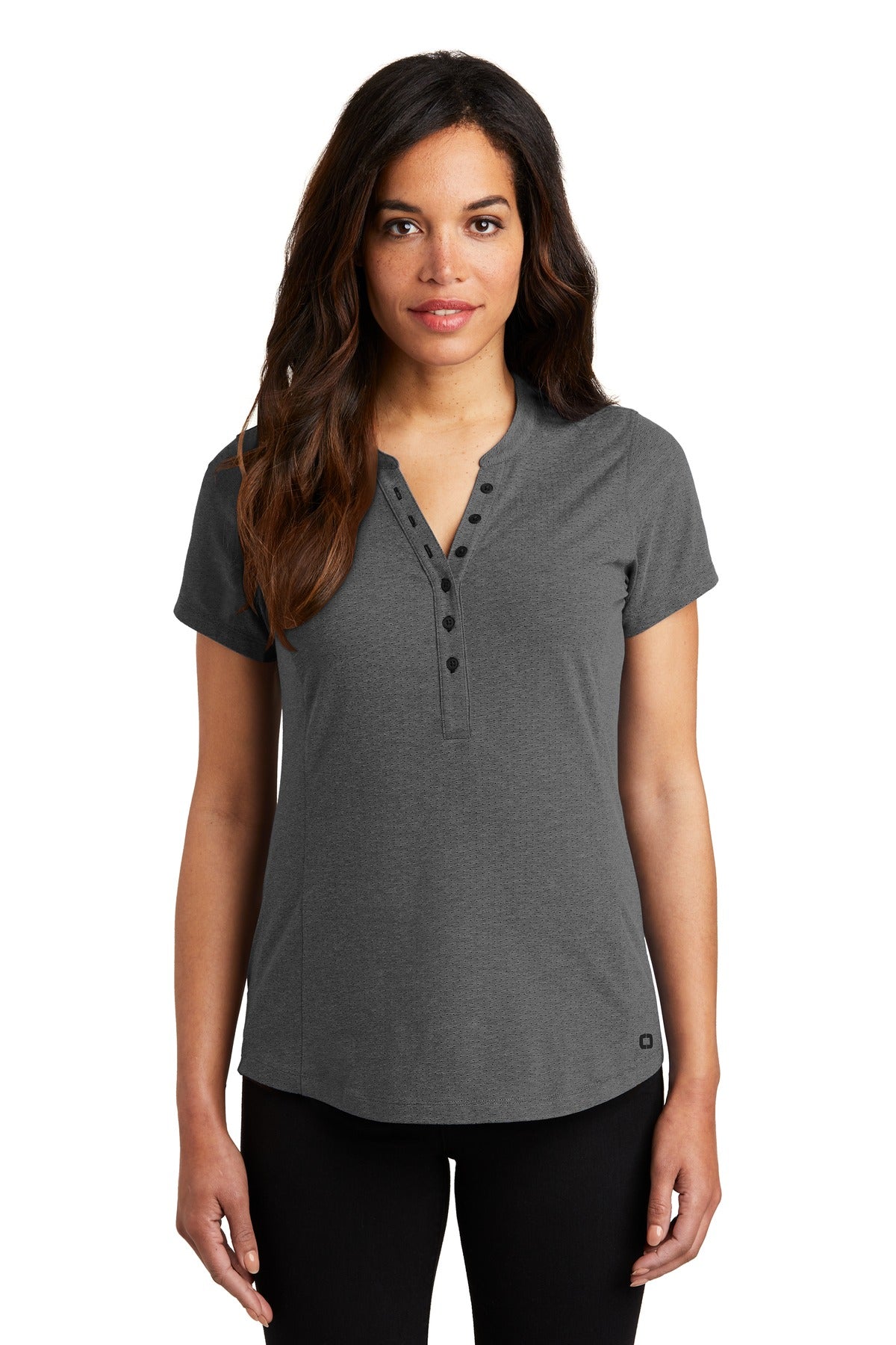 Front View of Blacktop Hthr OGIO Women's Tread Henley. LOG136