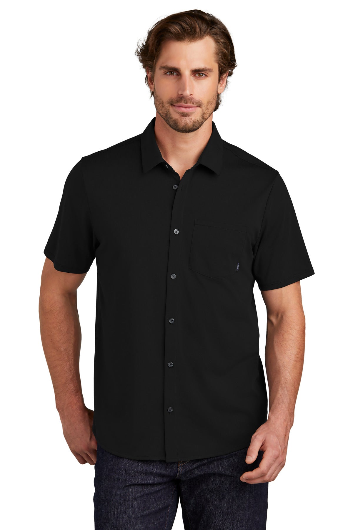 Front View of Blacktop OGIO Extend Short Sleeve Button-Up OG160