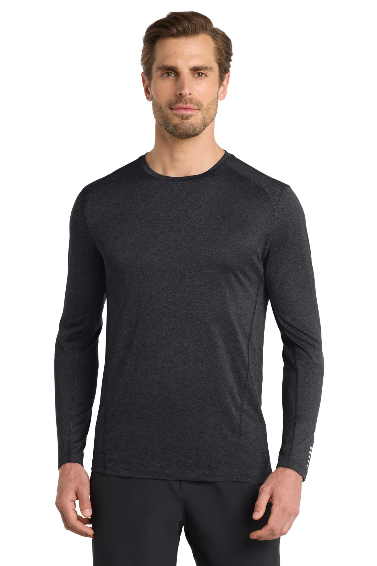 Front View of Blacktop OGIO Long Sleeve Pulse Crew. OE321
