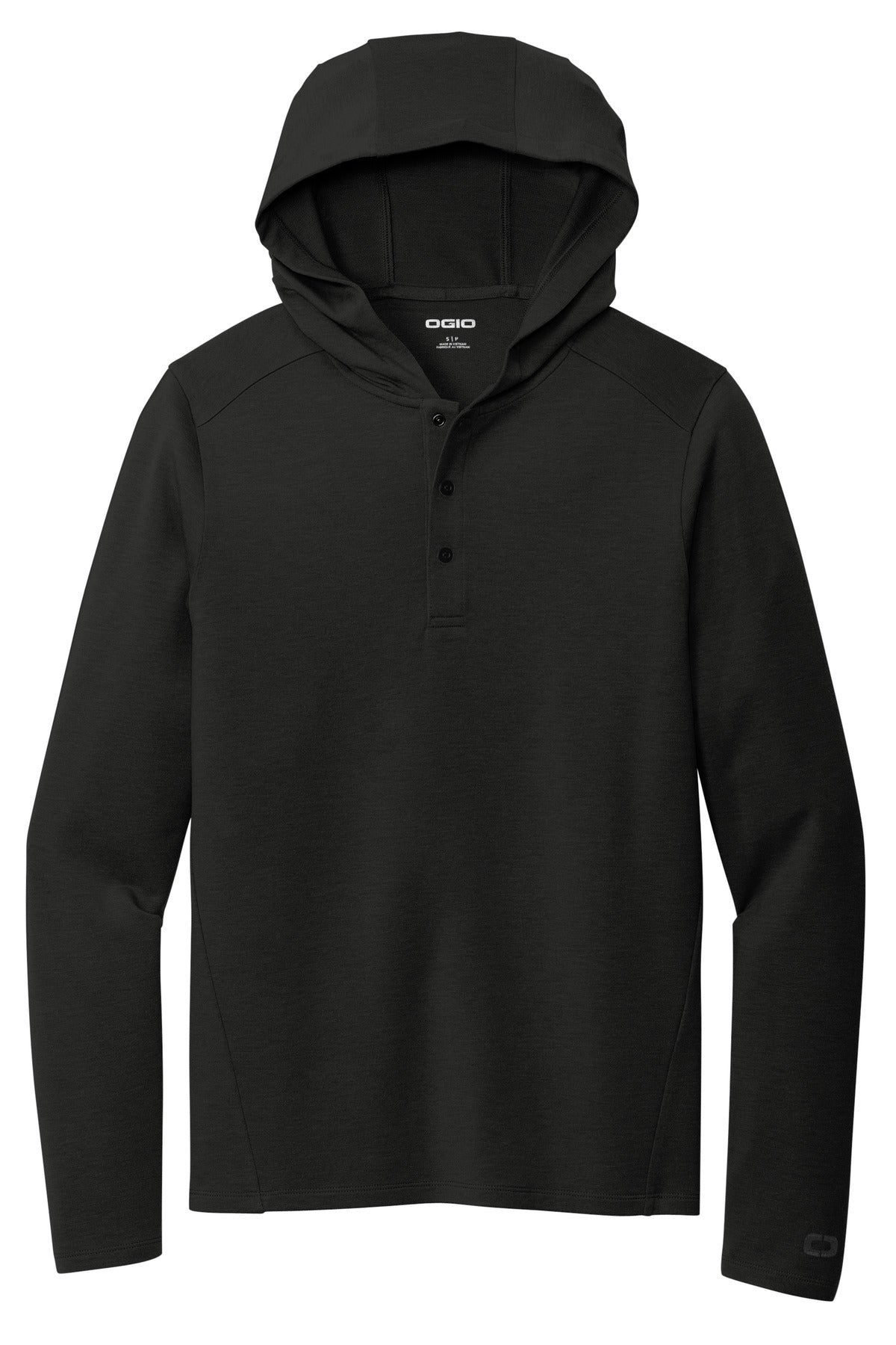 Front View of Blacktop OGIO Luuma Flex Hooded Henley OG826
