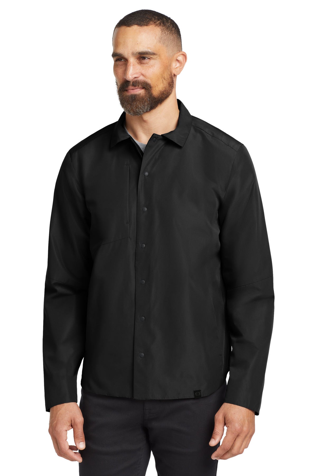 Front View of Blacktop OGIO Reverse Shirt Jacket. OG754