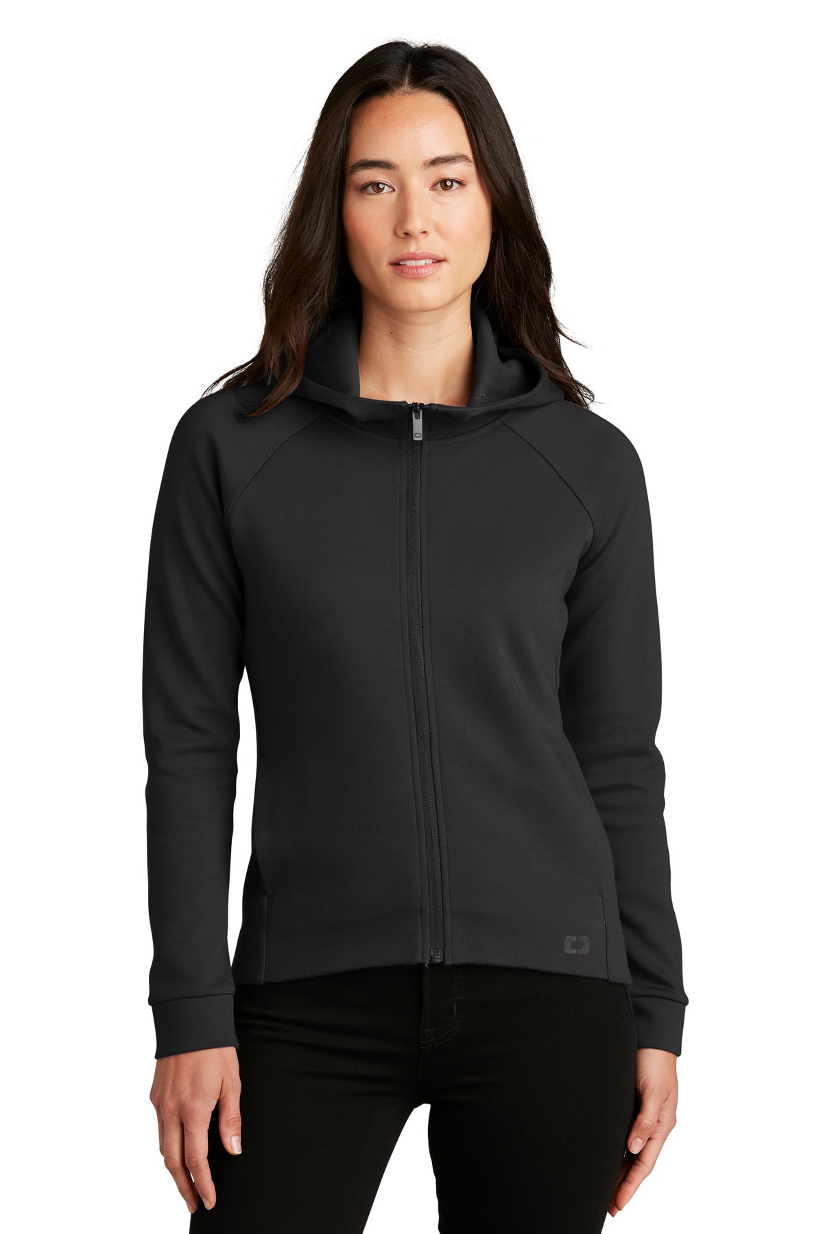 Front View of Blacktop OGIO Women's Bolt Full-Zip Hoodie LOG850