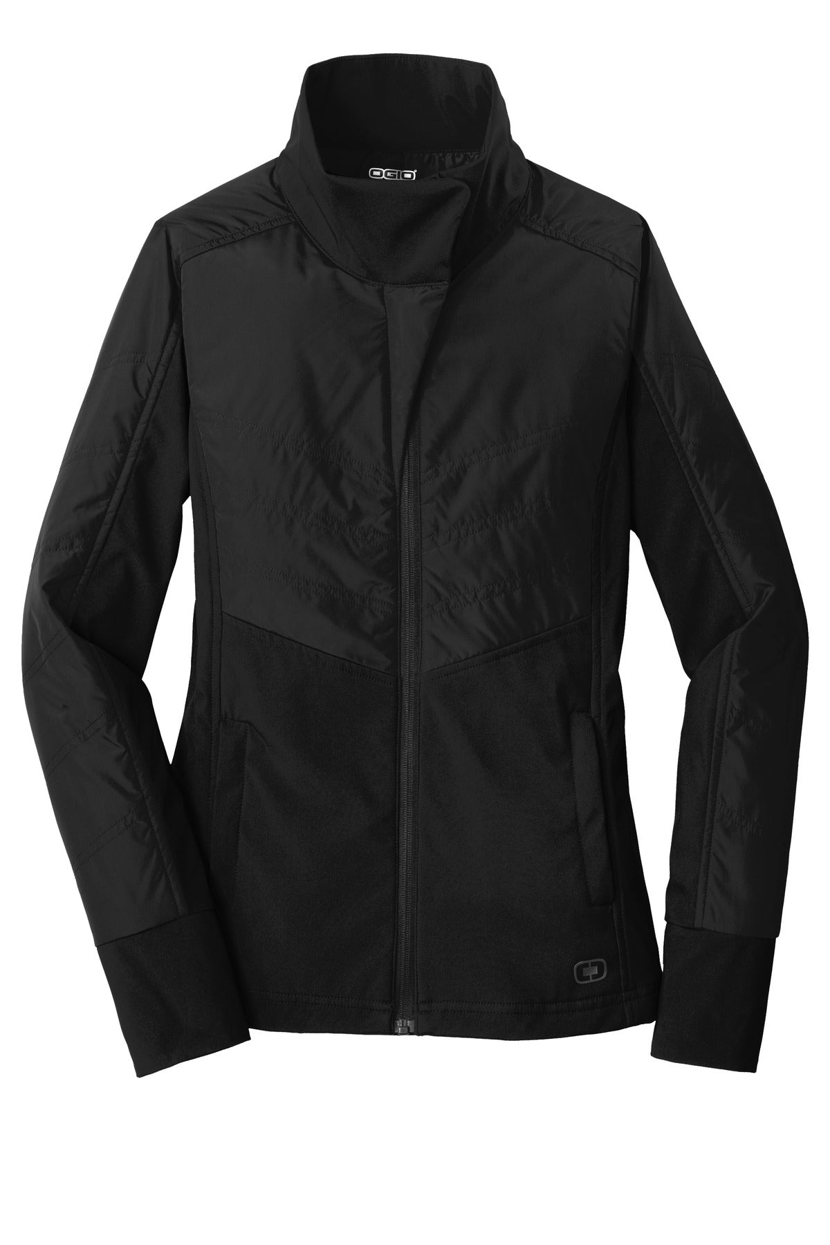 Front View of Blacktop OGIO Women's Brink Soft Shell. LOE722