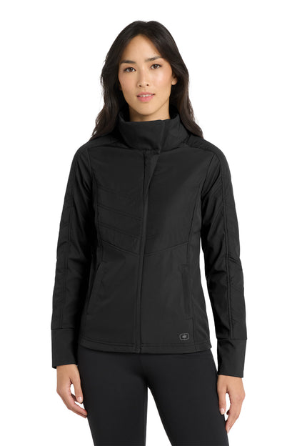 Front View of Blacktop OGIO Women's Brink Soft Shell. LOE722