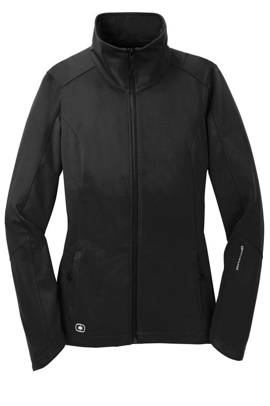 Front View of Blacktop OGIO Women's Crux Soft Shell. LOE720
