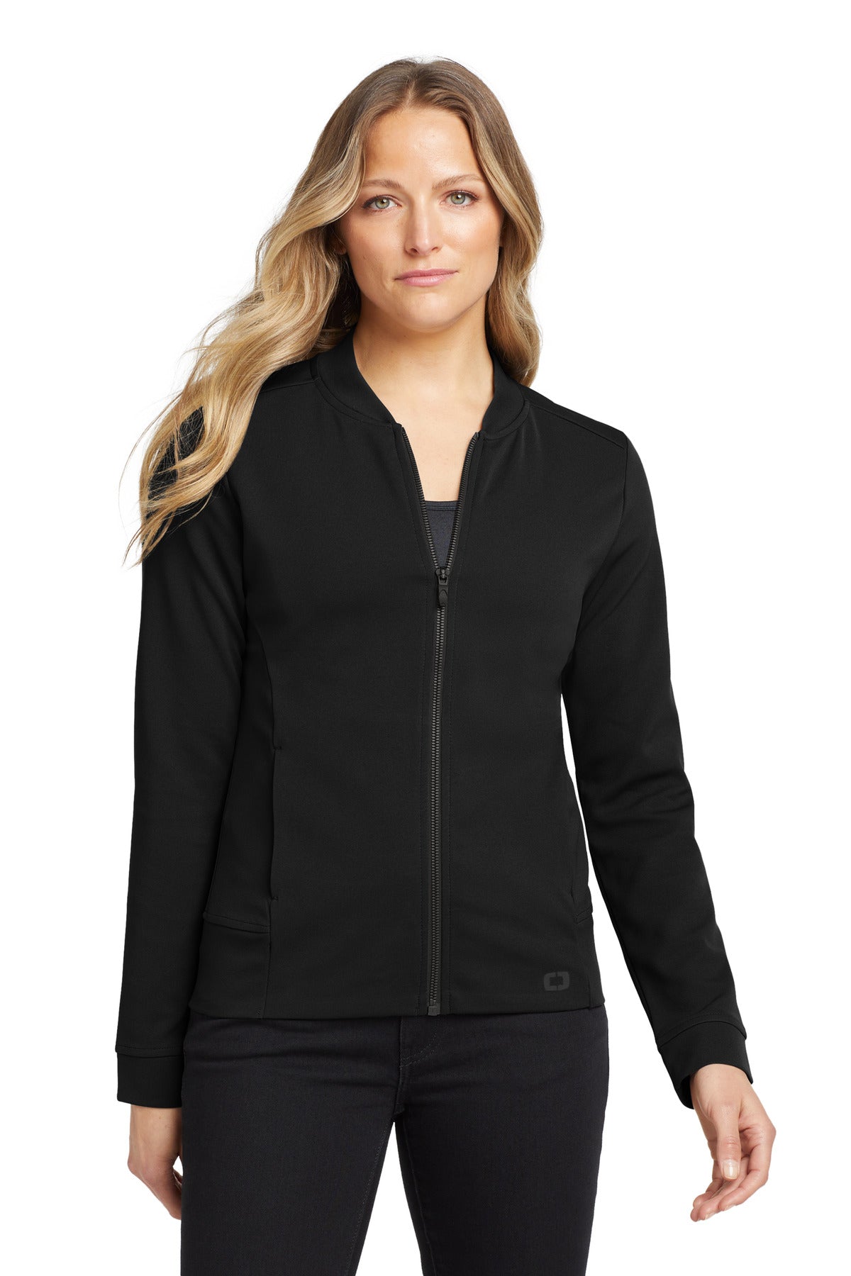Front View of Blacktop OGIO Women's Hinge Full-Zip. LOG820
