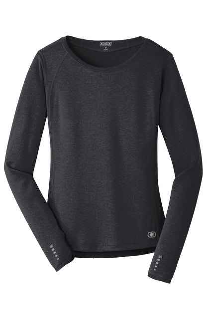 Front View of Blacktop OGIO Women's Long Sleeve Pulse Crew. LOE321