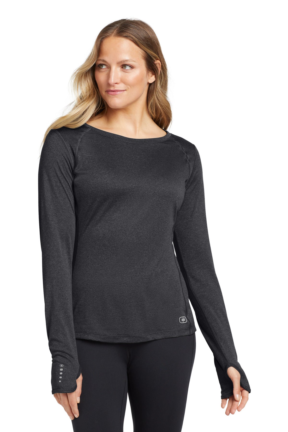 Front View of Blacktop OGIO Women's Long Sleeve Pulse Crew. LOE321