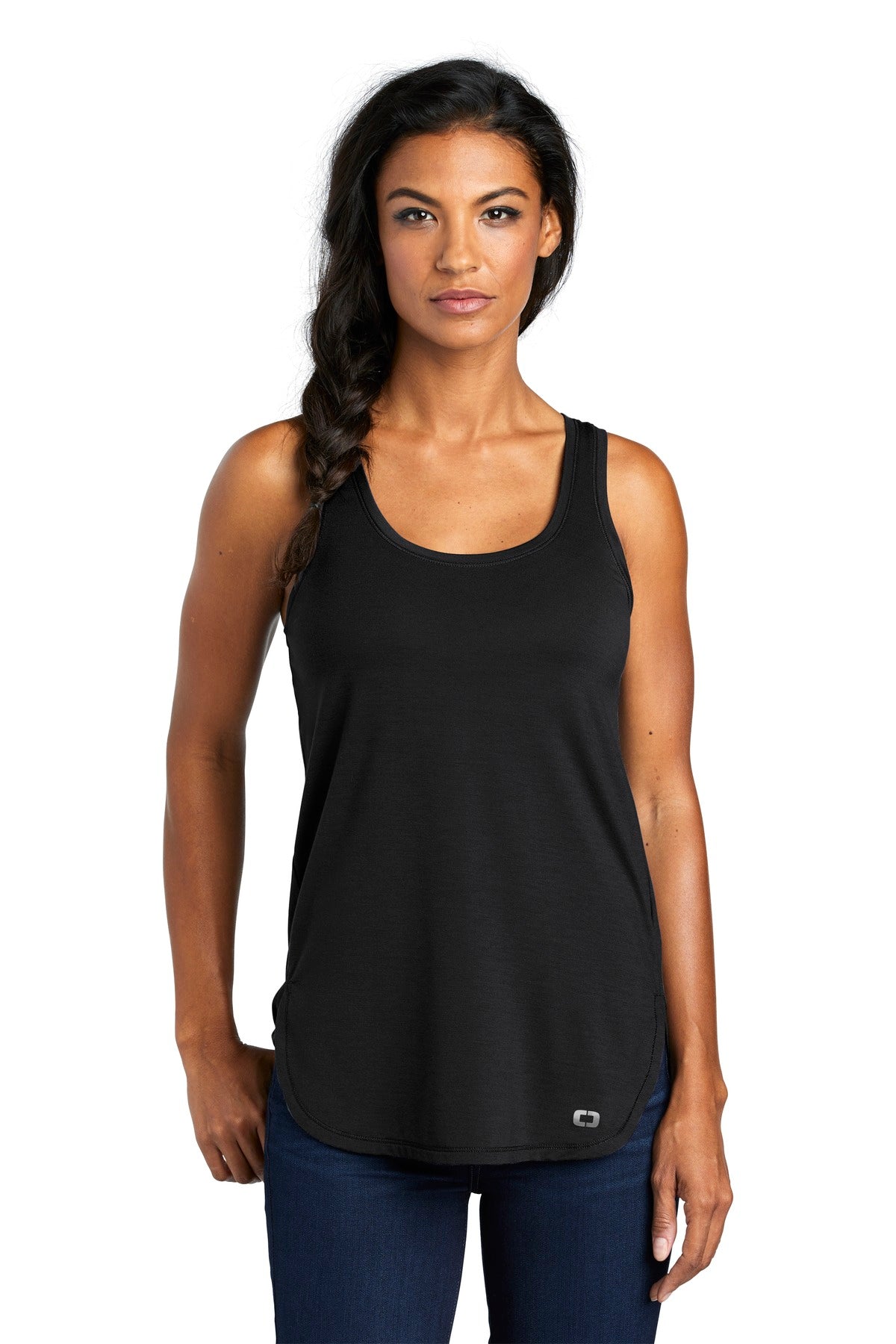 Front View of Blacktop OGIO Women's Luuma Tank. LOG801