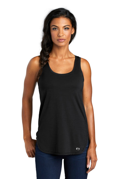 Front View of Blacktop OGIO Women's Luuma Tank. LOG801