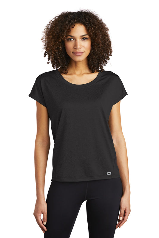 Front View of Blacktop OGIO Women's Pulse Dolman Tee LOE324