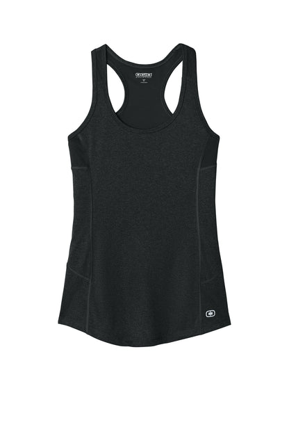Front View of Blacktop OGIO Women's Racerback Pulse Tank. LOE322