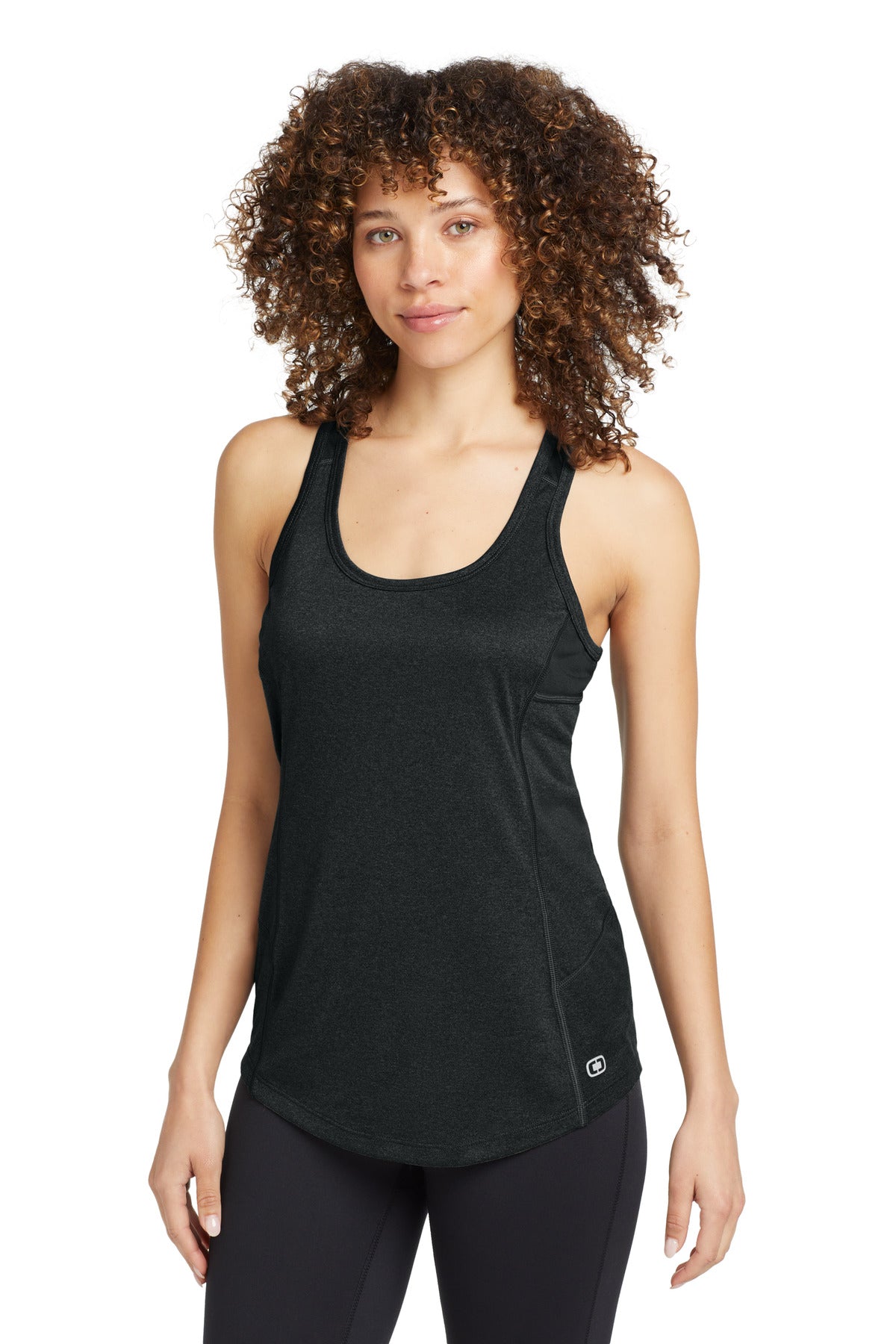 Front View of Blacktop OGIO Women's Racerback Pulse Tank. LOE322