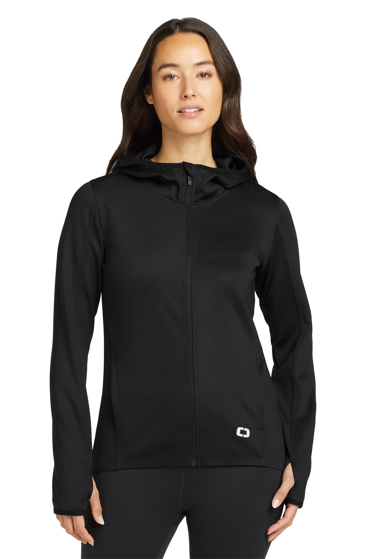 Front View of Blacktop OGIO Women's Stealth Full-Zip Jacket. LOE728