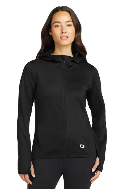 Front View of Blacktop OGIO Women's Stealth Full-Zip Jacket. LOE728