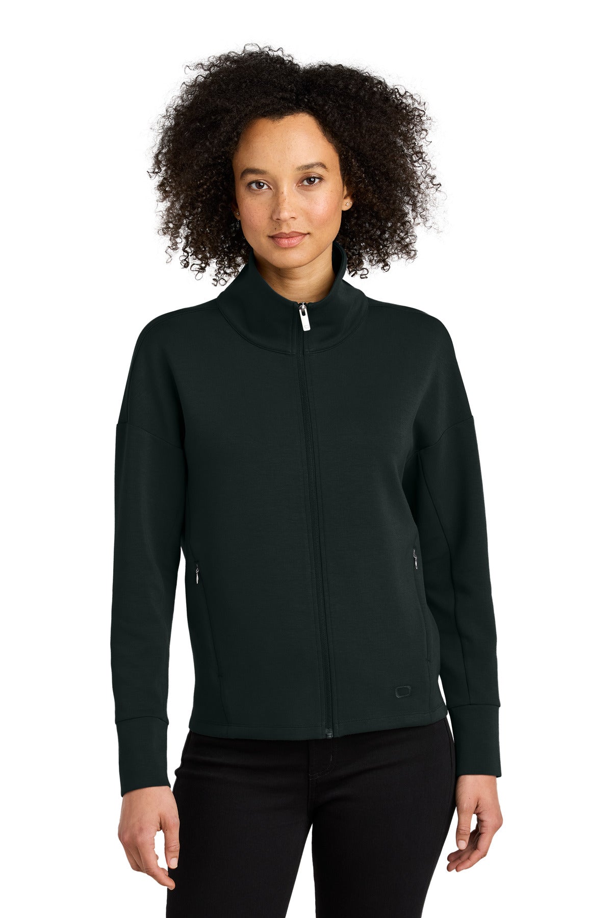 Front View of Blacktop OGIO Women's Transcend Full-Zip LOG860
