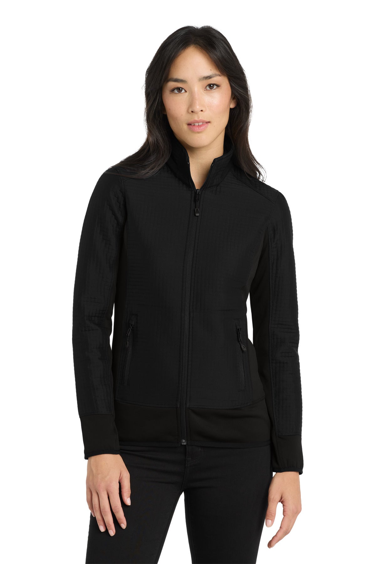 Front View of Blacktop OGIO Women's Trax Jacket. LOG726