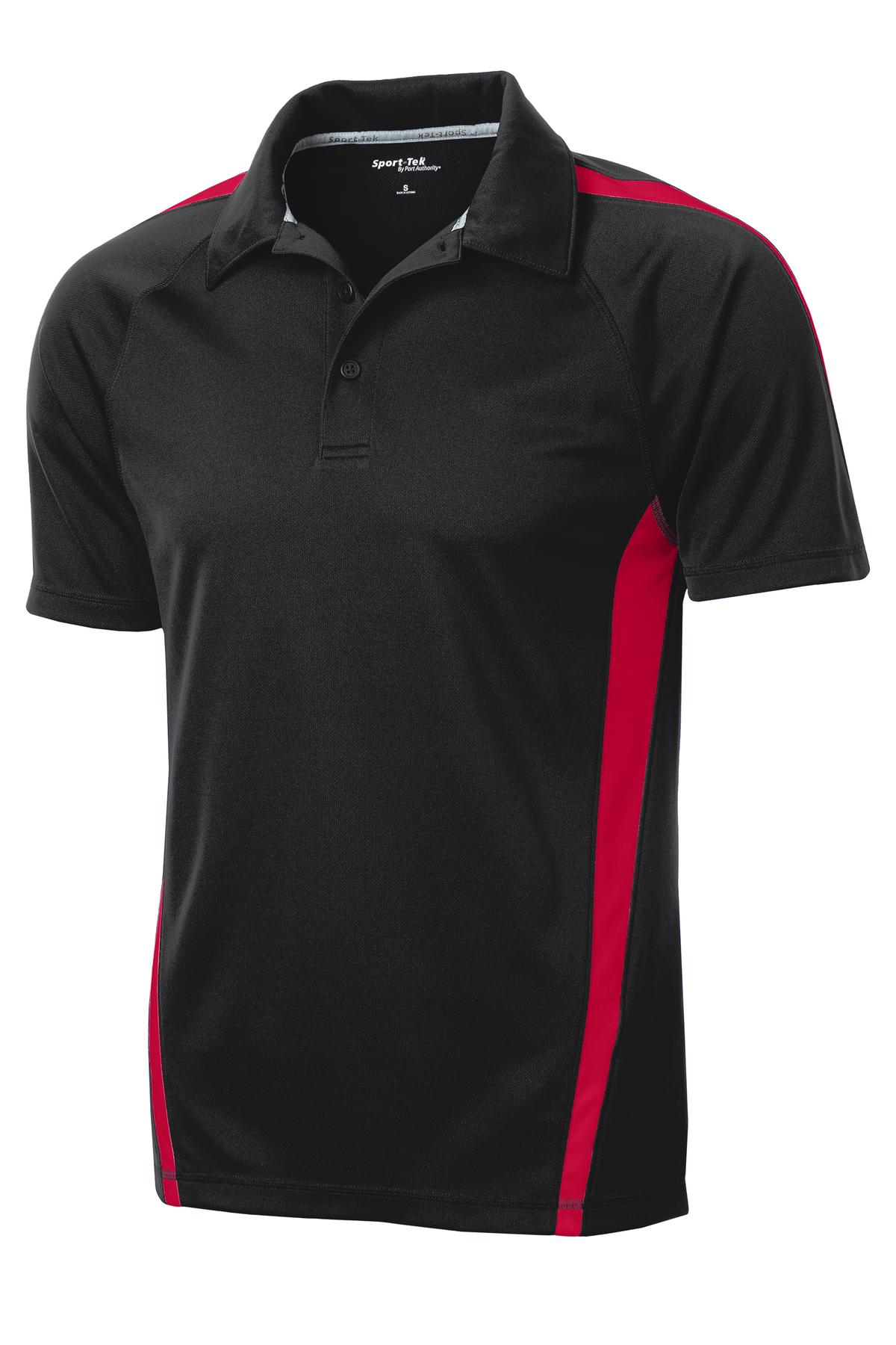 Front View of Black/Tr Red Sport-Tek PosiCharge Micro-Mesh Colorblock Polo. ST685
